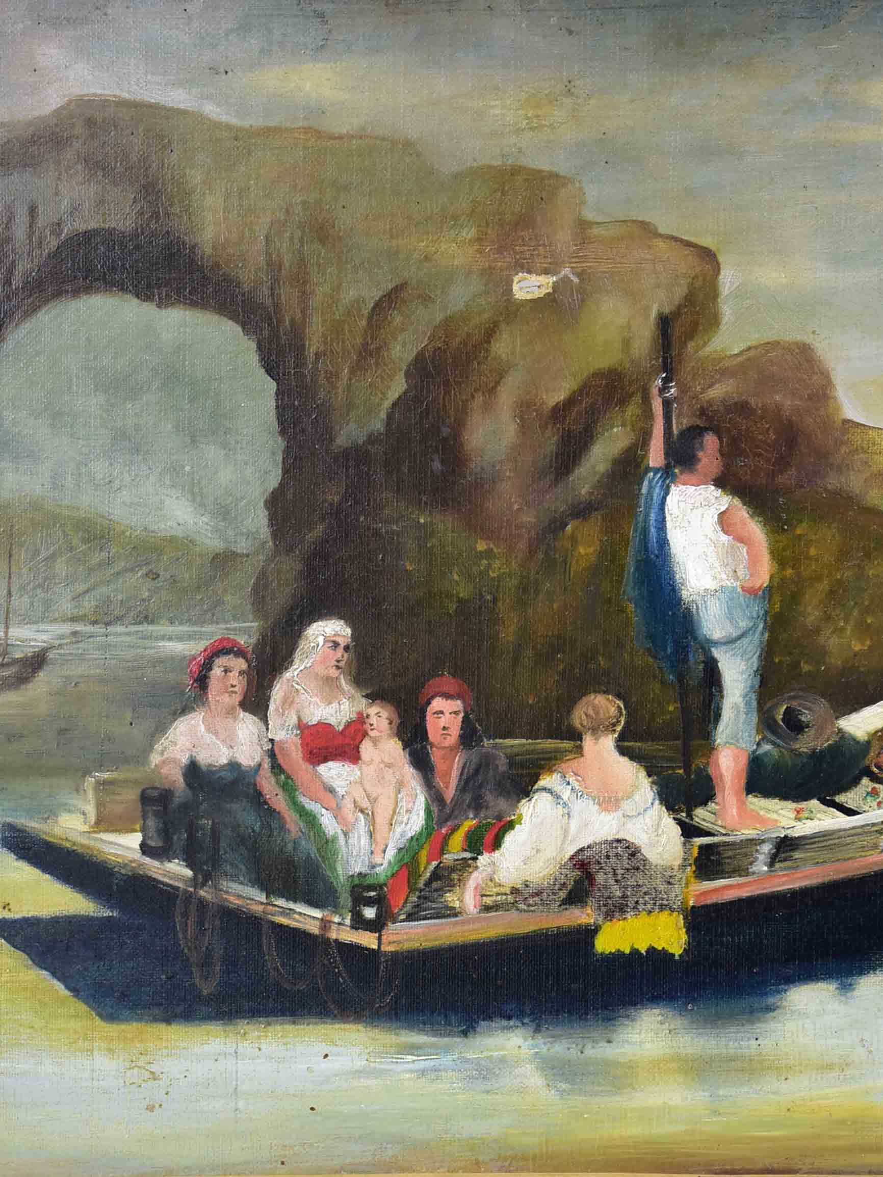 Antique Oil On Canvas Mediterranean Fishing Boat 21 X 15