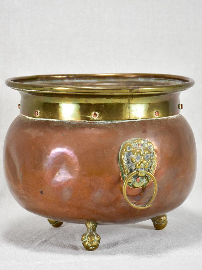 English Turn of the Century 1900s Copper and Brass Planter with Lion Paw  Feet - English Accent Antiques