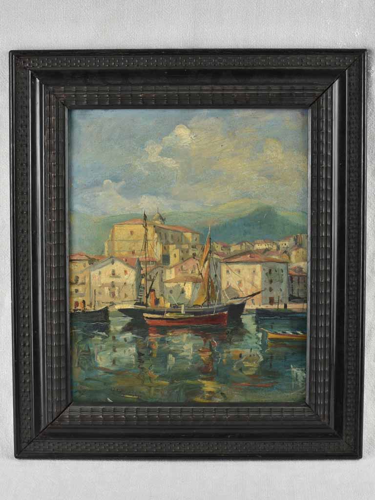 Antique marine painting of a Mediterranean village with sail boats 21¾ ...