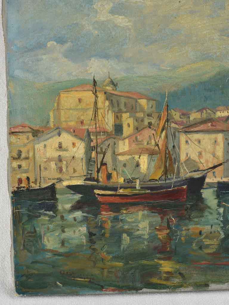 Antique marine painting of a Mediterranean village with sail boats 21¾ ...