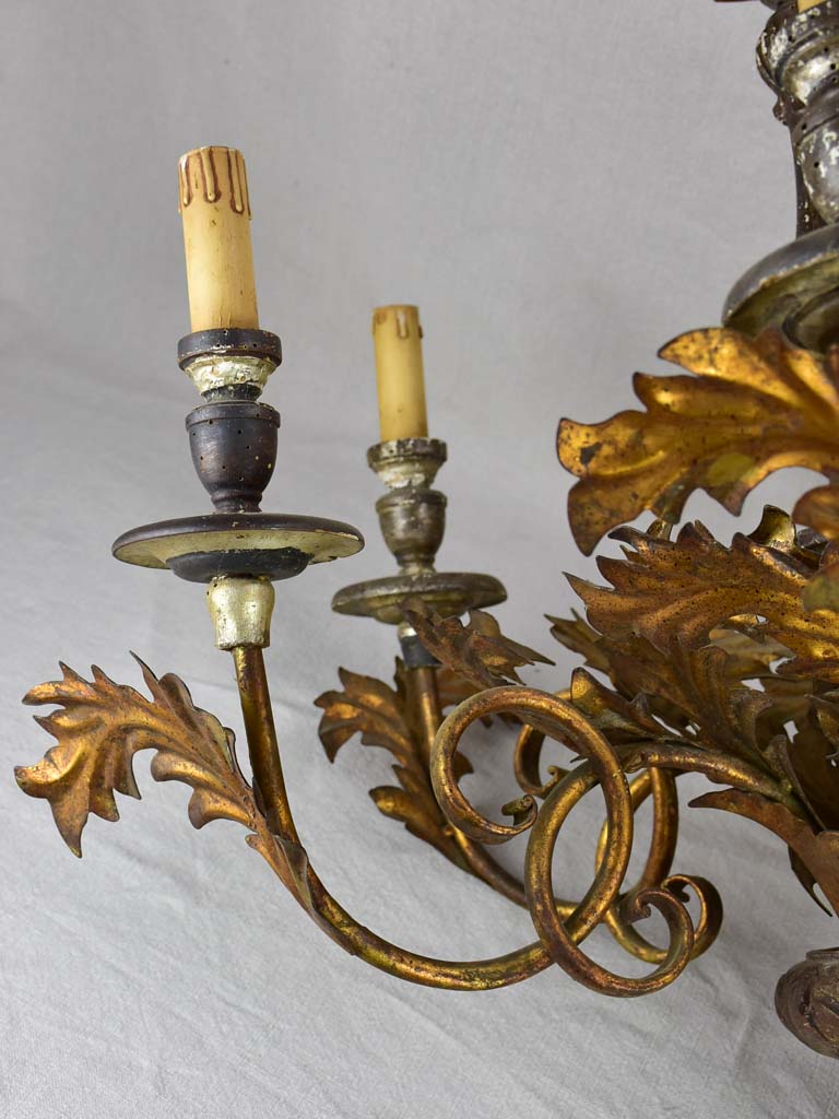Antique French tole chandelier with leaf decorations