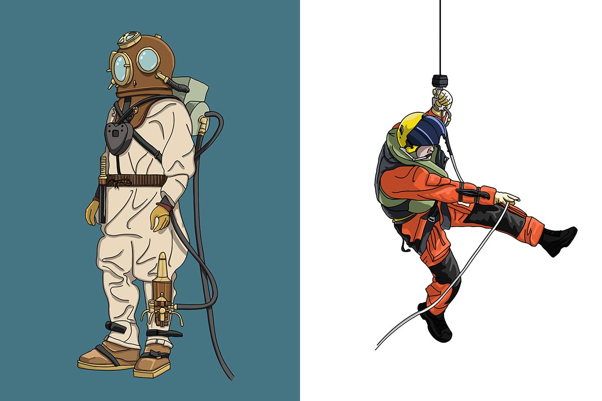 Gordon's sketches of a diver and a Search and Rescue Winch Operator