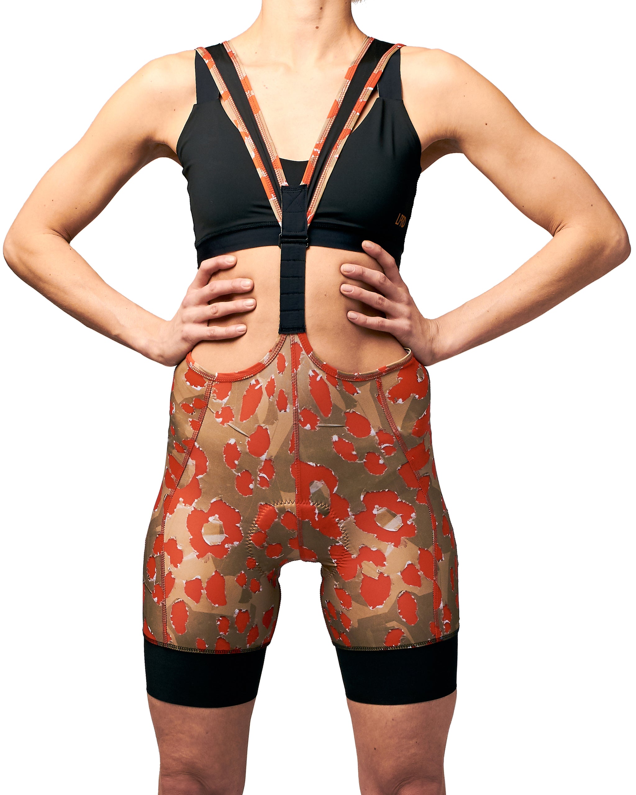Download Women's bib shorts - Fuelling red and brown print with ...