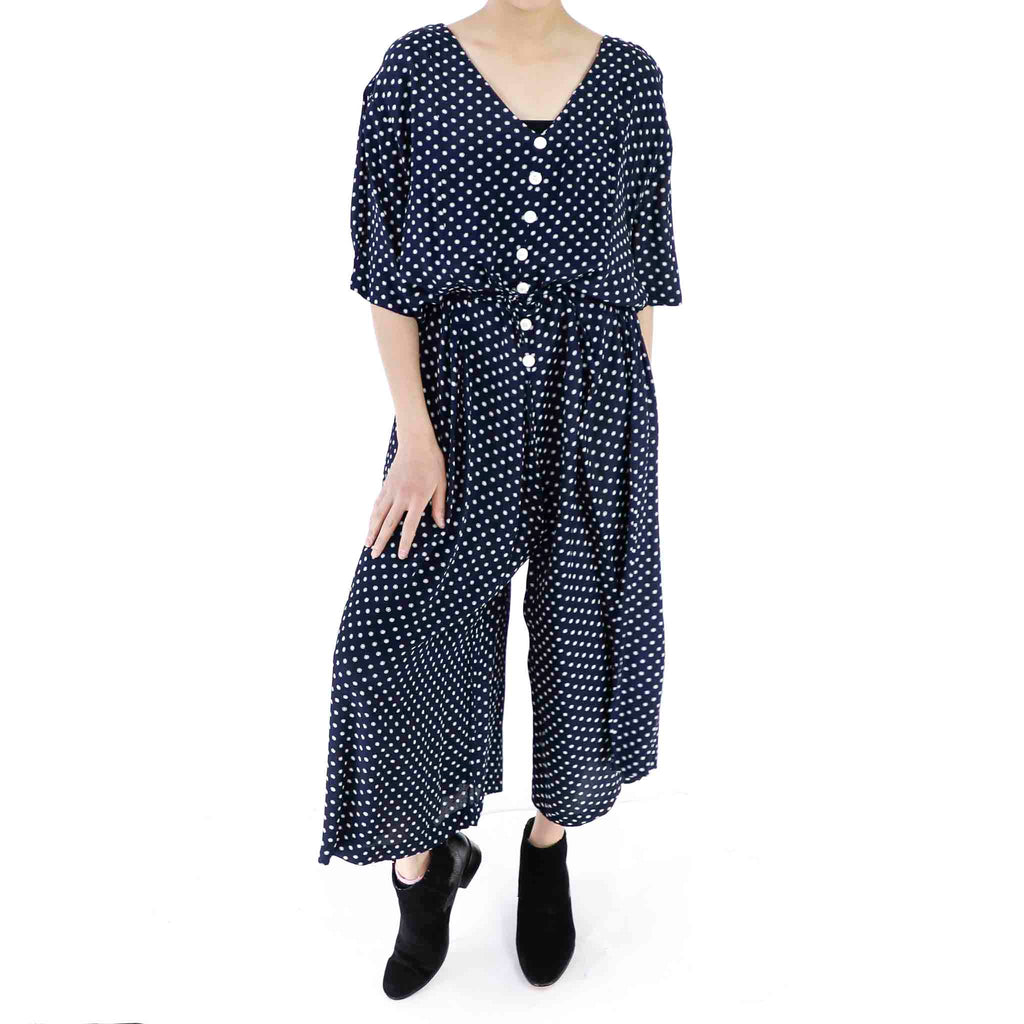 navy blue and white polka dot jumpsuit