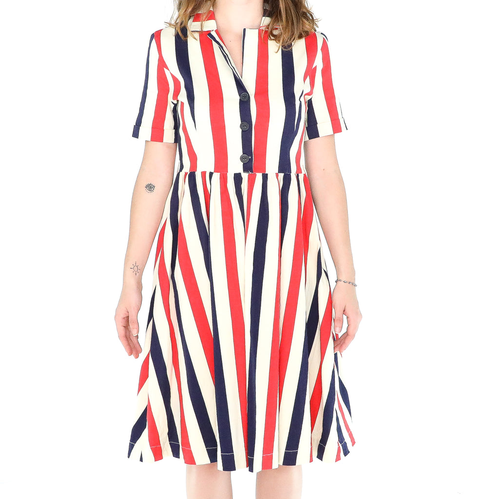 red blue and white striped dress