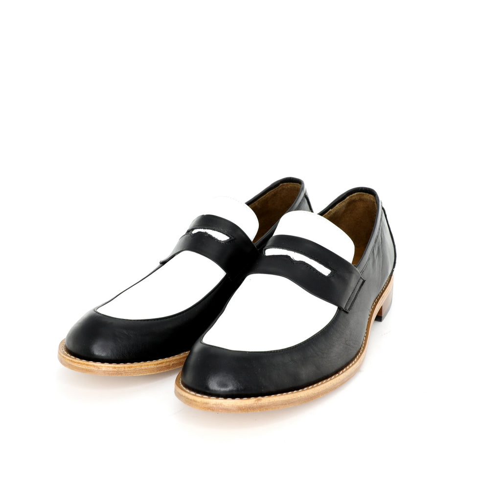 black and white penny loafers