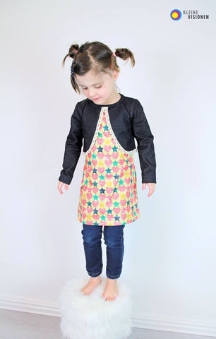 Jersey "Stars & Hearts" Sterne/Herzen im Used Look kombiniert mit Jeans-Jersey "Grobi" - Nähen - Kinder - Kleid - Leggings - Mädchen - Glückpunkt.