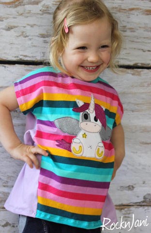 Jersey "Fun Stripes" kombiniert mit Jersey "Basic Love" - Applikationsvorlage "Einhorn Glitzersternchen" genäht auf dem Shirt "Ee*sy" und eine "Luck*ees" von Nipnaps - Nähen - Kinder - Glückpunkt.