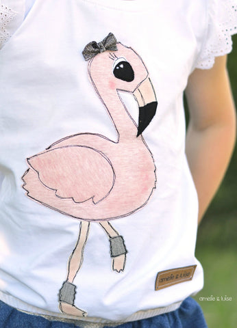 Stretch-Jeans "Supreme" kombiniert mit Jersey "Gitte, Jersey "Jaro", Wäschespitze "Carmina" - Applikationsvorlage "Flamingo" - TiLu Design - Appli - genäht wurde ein Shirt "Mieze" von Rosarosa und ein Rock "Marita" von M.Thieming - Glückpunkt.