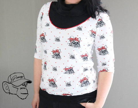 Jersey "Cute Bulldog" kombiniert mit dem Jersey "Basic Love" und Jersey-Paspel "Mimo" genäht wurde eine Luna von MiouMiou Schnittmuster - Nähen für Damen - Pulli - Rollkragen-Pulli - Schnitt & Stoff - Glückpunkt.