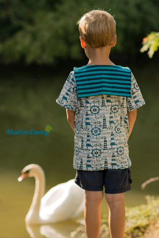 eBook "Matrosenshirt Enno" von Bunte Nähigkeiten ist perfekt für Sommer, Sonne, Strand und Meer. Mit diesem typisch maritimen Kragen - Matrosenkragen - Matrosen-Look - Matrosenshirt - T-Shirt - Tshirt - Nähen Kinder/Mädchen/Jungen - Applizieren - Plotten - Anker als Plotterdatei (SVG, DXF) & Applikationsvorlage (PDF) - Glückpunkt.