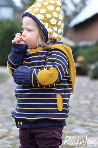 French Terry "Mustard Stripes" kombiniert mit Stretch-Feincord "Cord-Jersey", Grobstrick-Bündchen "Knit", Knebelverschluss - Knöpfe "Coconut" - eBook - "Drückeberga" -  Knopfjacke - Rabaukowitsch - Kuscheljacke/Jacke - Knopfverschluss - Knöpfe - Lochtasche/Loch-Tasche - Nähen für Kinder/Mädchen & Jungen - Übergangsjacke - Schnitt& Stoff - Schnittmuster - Glückpunkt