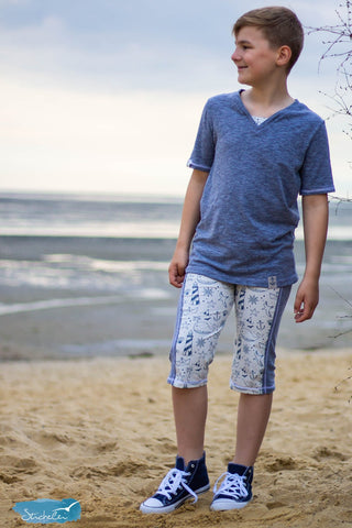 Slub-Jersey - "Linen", Jersey "Geometric Ocean" - eBook - "AnniNanni Sommerjunge" - Shirt - AnniNanni, sowie kurze Hose "Sommerhose" - Shorts - Sommerhose/Sommershirt - Sporthose - Sportsachen - Sportshirt - Sport - Sommer - Nähen für Kinder/Jungen - Stoff & Schnitt/Schnittmuster -Glückpunkt.