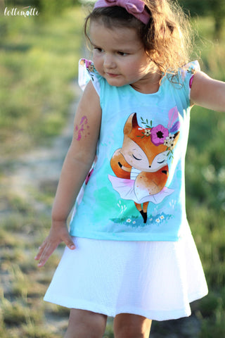 Jersey "Foxy Love" - Panel Eigenproduktion kombiniert mit Baumwolle/Musselin - "Waffle Points" genäht wurde das eBook - "Luise Kinder" - Kleid/Tunika/Shirt - Fadenkäfer - Sommeroutfit/Sommerkleid - Nähen für Kinder - Mädchen - Frühling/Sommer - Schnittmuster & Stoff - Glückpunkt.