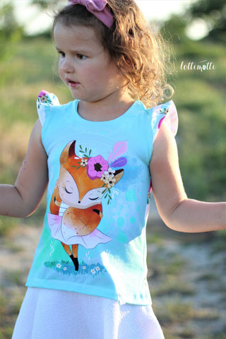 Jersey "Foxy Love" - Panel Eigenproduktion kombiniert mit Baumwolle/Musselin - "Waffle Points" genäht wurde das eBook - "Luise Kinder" - Kleid/Tunika/Shirt - Fadenkäfer - Sommeroutfit/Sommerkleid - Nähen für Kinder - Mädchen - Frühling/Sommer - Schnittmuster & Stoff - Glückpunkt.