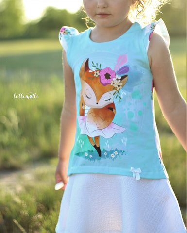 Jersey "Foxy Love" - Panel Eigenproduktion kombiniert mit Baumwolle/Musselin - "Waffle Points" genäht wurde das eBook - "Luise Kinder" - Kleid/Tunika/Shirt - Fadenkäfer - Sommeroutfit/Sommerkleid - Nähen für Kinder - Mädchen - Frühling/Sommer - Schnittmuster & Stoff - Glückpunkt.