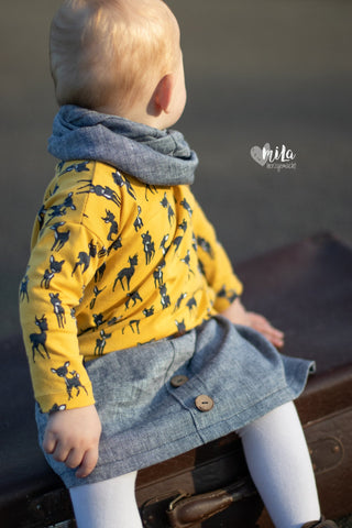 Baumwoll-Leinen-Twill "Louis", Jersey "Cute Deer" genäht wurde das eBook - "Basic Rock"  & "Oversize Sweater" von Lemel Design - Rock und Pulli - Nähen für Kinder/Mädchen - Glückpunkt.