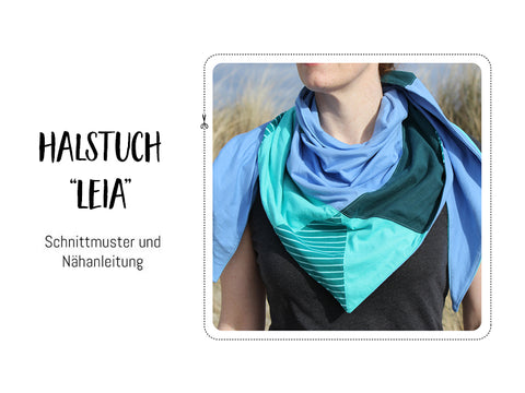 eBook - "Leia" - Tuch/Halstuch von Kreativlabor Berlin - inkl. Anleitung mit Schnittmuster  Dreieckstuch “Leia” ist ein klassisches Halstuch in Dreicksform - Jersey oder dünnem Sweat genäht wird. Die Vorderseite des Tuchs besticht durch ihre Patchwork-Optik. Dreieckstuch “Leia” peppt minimalistische Looks im Handumdrehen auf und hält deinen Hals schön warm. Aufgefaltet ist “Leia” ca. 165 cm x 60 cm (B x H) groß. Nähen für Damen/Frauen - Glückpunkt