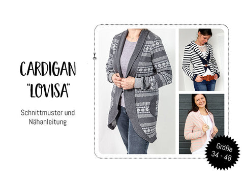 eBook - "Lovisa" - Strickjacke/Cardigan von Kreativlabor Berlin - inkl. Anleitung mit Schnittmuster. Der Cardigan hat einen lässigen Schalkragen und wird offen getragen.   Du kannst die Jacke entweder in der langen oder kurzen Version nähen. Eingriffstaschen vorgesehen, die du aber auch einfach weglassen kannst. Die Ärmel schließen mit einem Bündchen ab. Nähen für Damen/Frauen - Glückpunkt