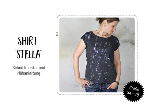 eBook - "Stella" - Shirt von Kreativlabor Berlin - inkl. Anleitung mit Schnittmuster  “Stella” ist ein locker geschnittenes Shirt mit überschnittenen Ärmeln und dekorativer Brusttasche. Der untere Saum ist gerundet und fällt dadurch besonders schön. Im Schnittmuster sind die Größen 34 bis 48 enthalten. Nähen für Damen/Frauen - Sommershirt - Glückpunkt.