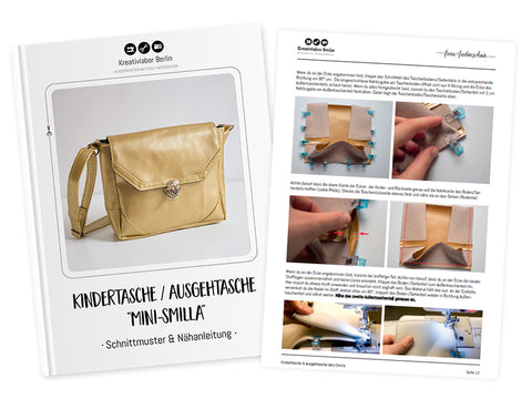 eBook - "Mini-Smilla" - Handtasche/ Ausgehtasche/ Kindertasche von Kreativlabor Berlin - inkl. Anleitung mit Schnittmuster Die „Mini-Smilla“ die kleinste Tasche unserer „Smilla“-Reihe. Die Tasche hat eine Größe von 17 cm x 14 cm x 5 cm (BxHxT) Reißverschlussfach im Tascheninneren. Verschlussvariante Steckverschluss, die aber auch durch andere Verschlüsse, wie z.B. Magnetverschluss oder Klett ersetzt werden kann. Glückpunkt.