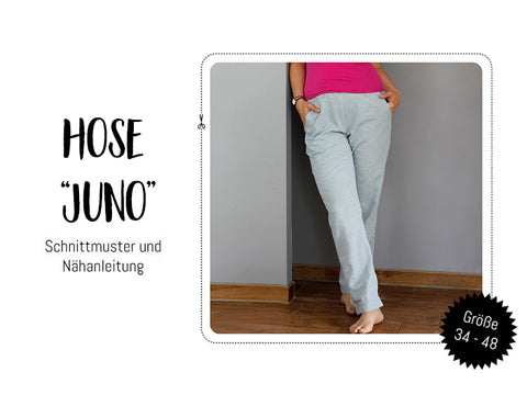 eBook - "Juno" - Stoffhose/Hose von Kreativlabor Berlin - inkl. Anleitung/Schnittmuster “Juno” ist eine locker sitzende Stoffhose mit Gummibund und optionaler Kordel. Lange oder kurze Version. Zwei Hosenvarianten: Hüfthose mit tieferem Bund und eine höher sitzende Hose. Zwei Eingriffstaschen, ebenso wie zwei Gesäßtaschen hinten. Beinabschluss zum Umschlagen oder feststeppen oder mit einem Gummibund nähen. Im Schnittmuster sind die Größen 34 bis 48 enthalten. Nähen für Damen/Frauen - Glückpunkt.