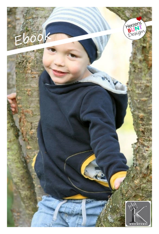 eBook „Sunny der Hoodie“ von Herzensbunt Design ist ein variantenreiches Ebook mit Passenkapuze, Kapuze, Wickelkapuze, Rollkragen, Kapuzenkragen, XXL- Wickelkragen, als Pullover/Pulli, Tunika, Longpulli, mit Teilung und Rüschen, Layering-Saum, Bauchtasche, Eingrifftaschen - Nähen für Kinder/Mädchen/Jungen/Baby - Glückpunkt.