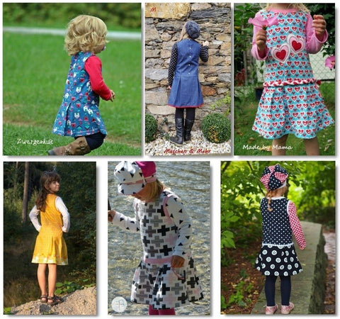 Etuikleid Mylie von 73Engelchen - Nähen für Kinder/Mädchen - Sommerkleid - Kleid - Tunika - Schnitt - eBook - Das Etuikleid Mylie ist für jede Jahreszeit und jeden Anlass. Nähe es aus Sweat oder Jersey. Und für z.B. festliche Anlässe aus Cord oder fester (nicht dehnbarer) Webware. Mylie ist ein ärmelfreies Kleid, damit es ganz nach Belieben kombiniert und jederzeit getragen werden kann. Mit einer schönen Bluse darunter ist es schick für festliche Anlässe. Im Herbst oder Winter mit einem Langarmshirt und im Sommer mit einem T-Shirt - Glückpunkt.