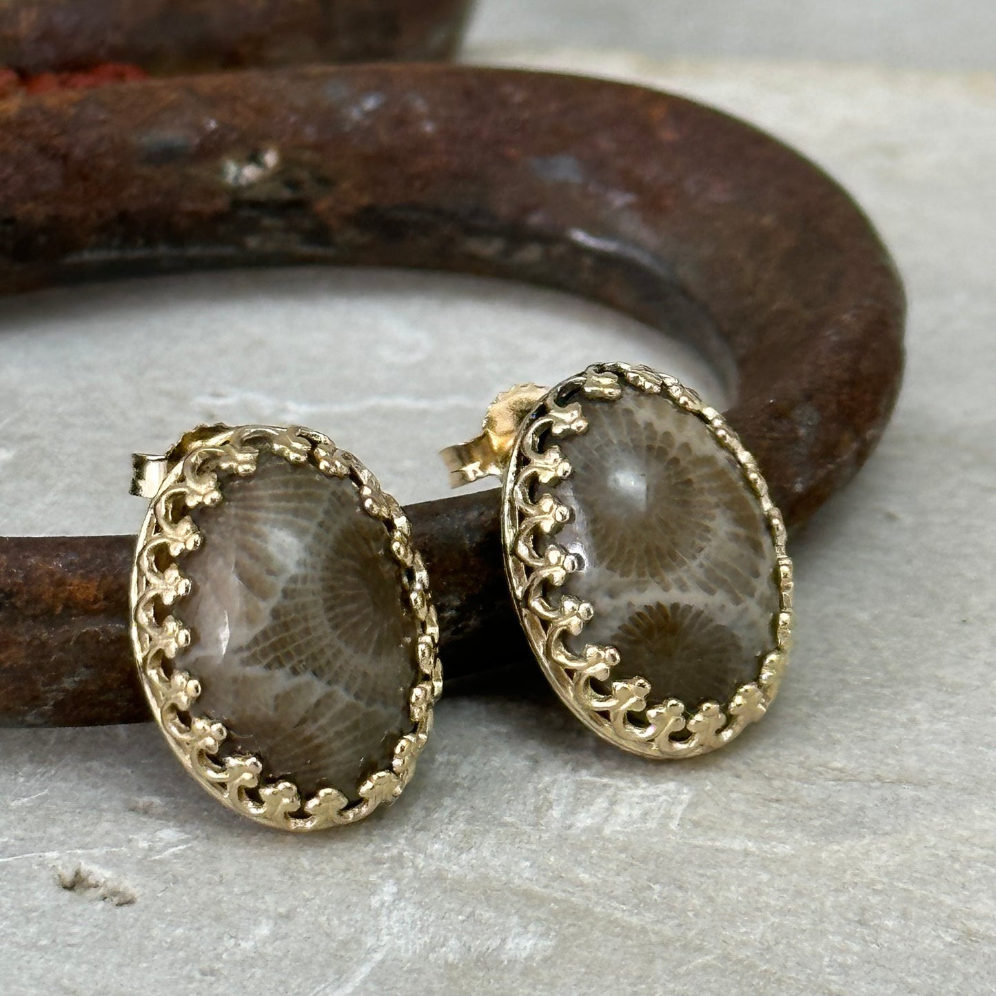 14kt Gold Petoskey Stone Post Earrings