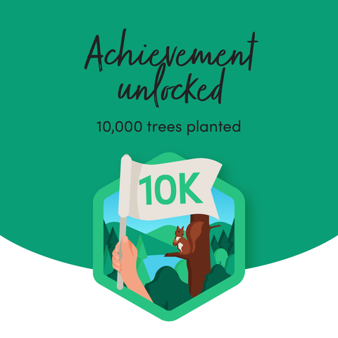 graphic in green with hand holding a flag showing 10K trees have been planted
