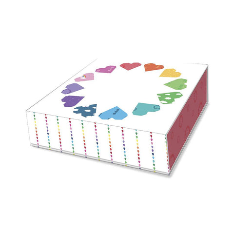 white box decorated with a circle of colourful hearts arranged in rainbow order