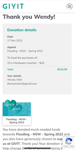 screen shot of $310 receipt to Givit in support of NSW flood crisis