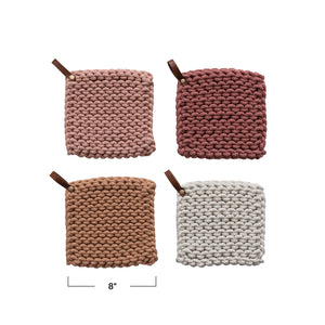 Cotton Crocheted Pot Holders with Leather Loops - 4 Colors! - Barlow Blue