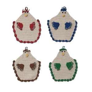Cotton Crocheted Chicken Shaped Pot Holder w/ Loop, 4 Colors - Barlow Blue