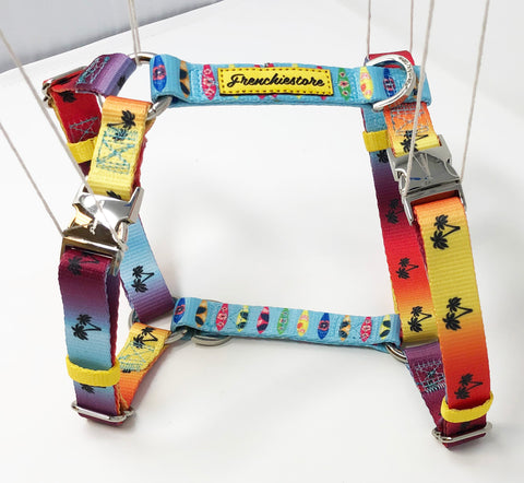 frenchie harness with palms tropical design