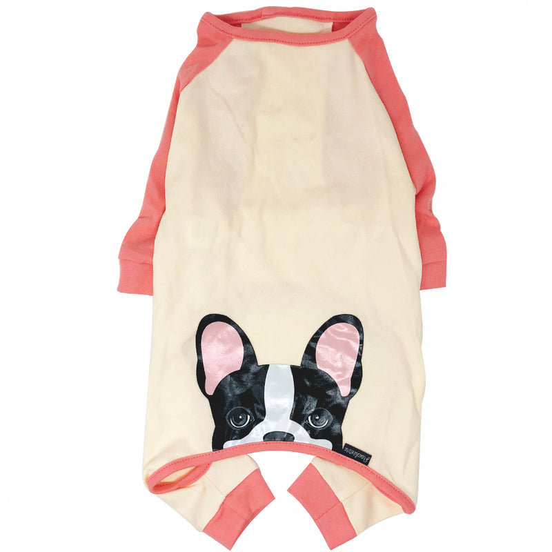 French Bulldog Pajamas in Coral | Frenchie Clothing | Black Pied Frenc