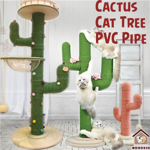 Cat Scratching Post Cactus Cat Scratcher Featuring with 3 Scratching Poles and Interactive Dangling Ball