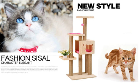 Cat Face Unique Design Medium Size PVC Pole Solid Wood Cat Tree