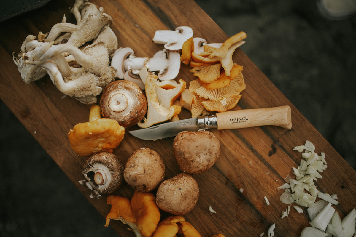 wild mushrooms on board with Opinel Knife