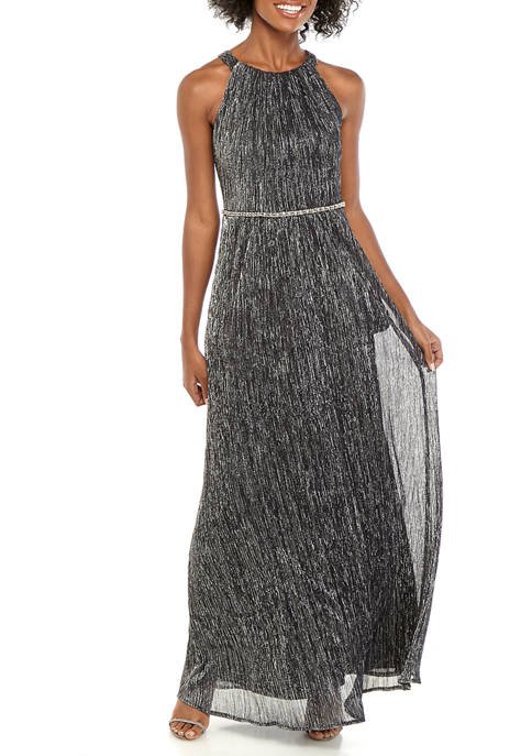 SLNY Women's Sleeveless Rhinestone Halter Neck Maxi Dress | Black/Silver - 6