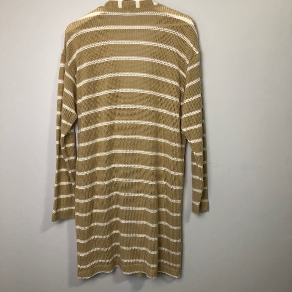Socialite Tan & White Striped Longline Long Sleeves Cardigan | Safari - Small