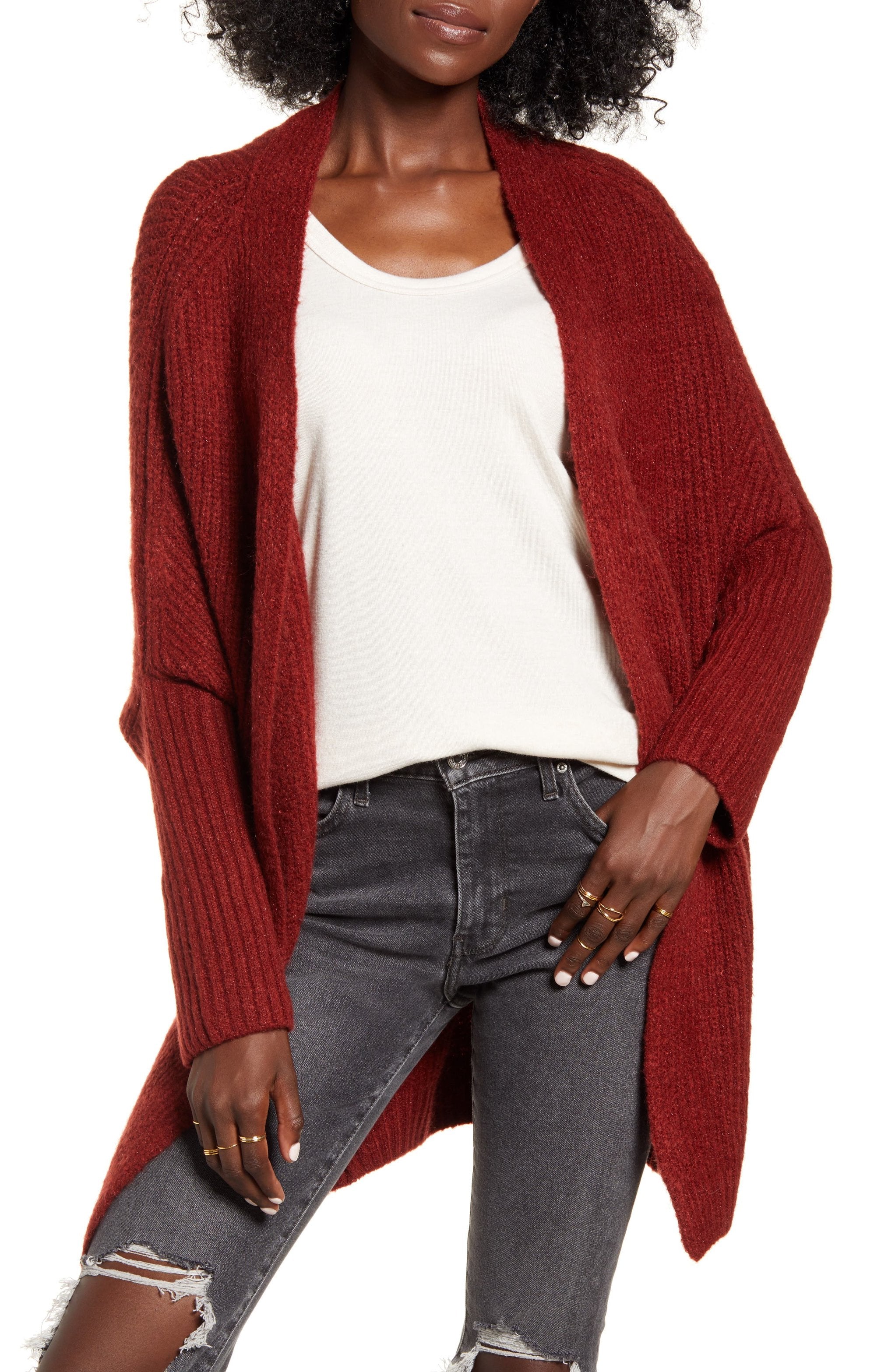 DREAMERS BY DEBUT Women's Ribbed Dolman Sleeve Cardigan | Rust - Medium