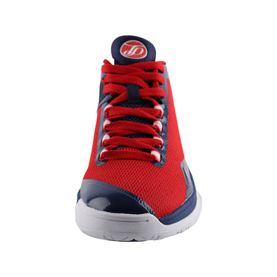 red and blue basketball shoes