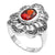 Flower ring with marcasite petals and red CZ center stone. Wholesale sterling silver rings.