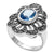 Flower ring with marcasite petals and blue CZ center stone. Wholesale sterling silver rings.
