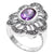 Flower ring with marcasite petals and purple CZ center stone. Wholesale sterling silver rings.