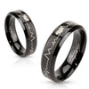 Beautiful black stainless steel ring with laser etched heartbeat on chamfered edges | Wholesale Jewelry