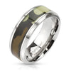 Mirror polished stainless steel ring with chamfered edges and green forest camo inlay | Wholesale Jewelry