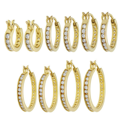 14K Gold over Sterling Silver CZ Hoop Earrings. 2 Sizes - 925Express