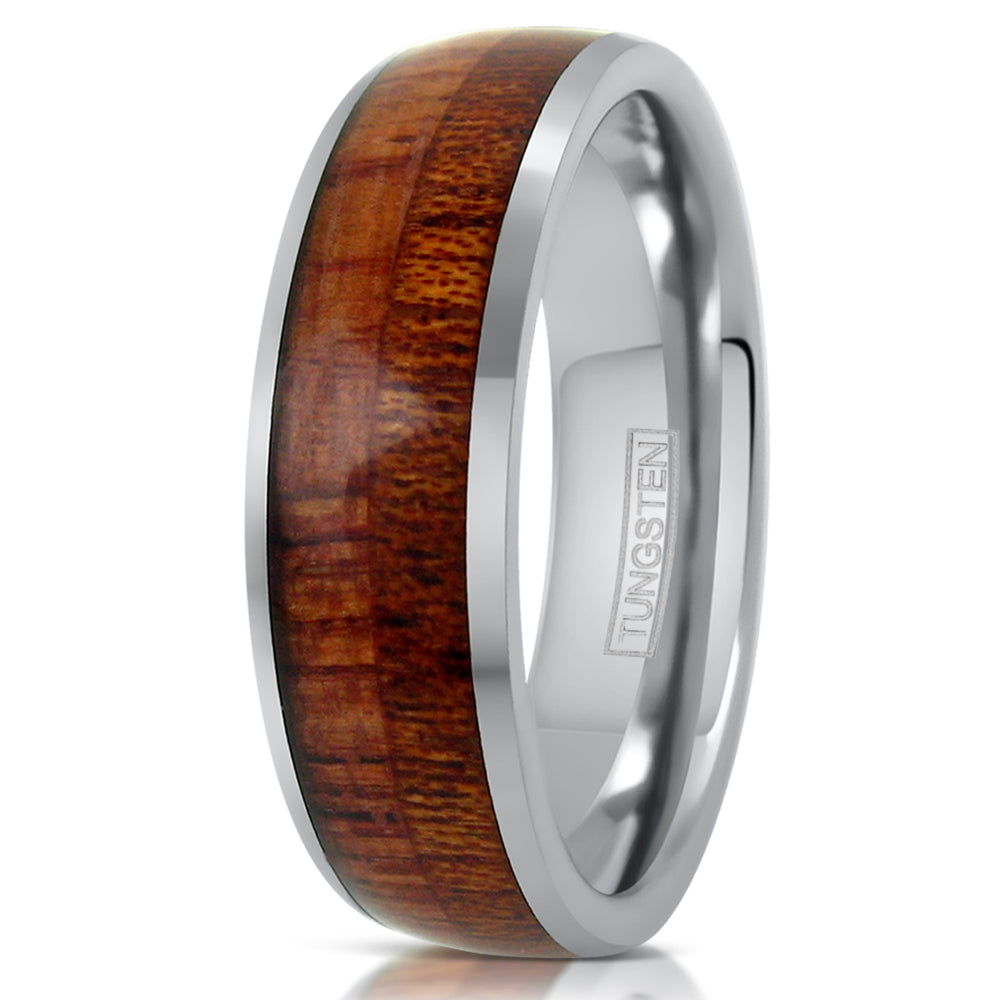 Silver Tungsten Ring w/ Natural Wood Inlay. Wholesale
